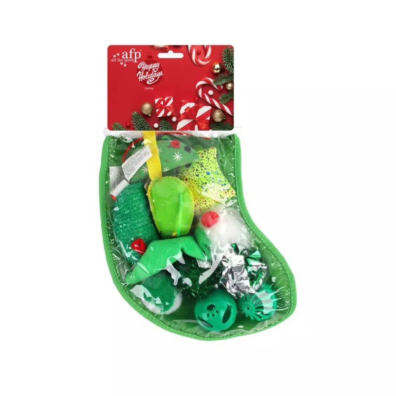 AFP Glædelig Jul Gavesok Grøn med legetøj til kat