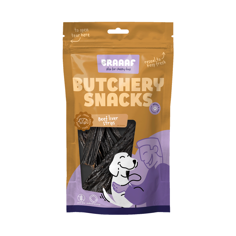 Slagtersnacks Okseleverstrimler 150 g Kornfri hundegodbidder Braaf Slagtersnacks Okseleverstrimler 150 g Kornfri hundegodbidder Braaf