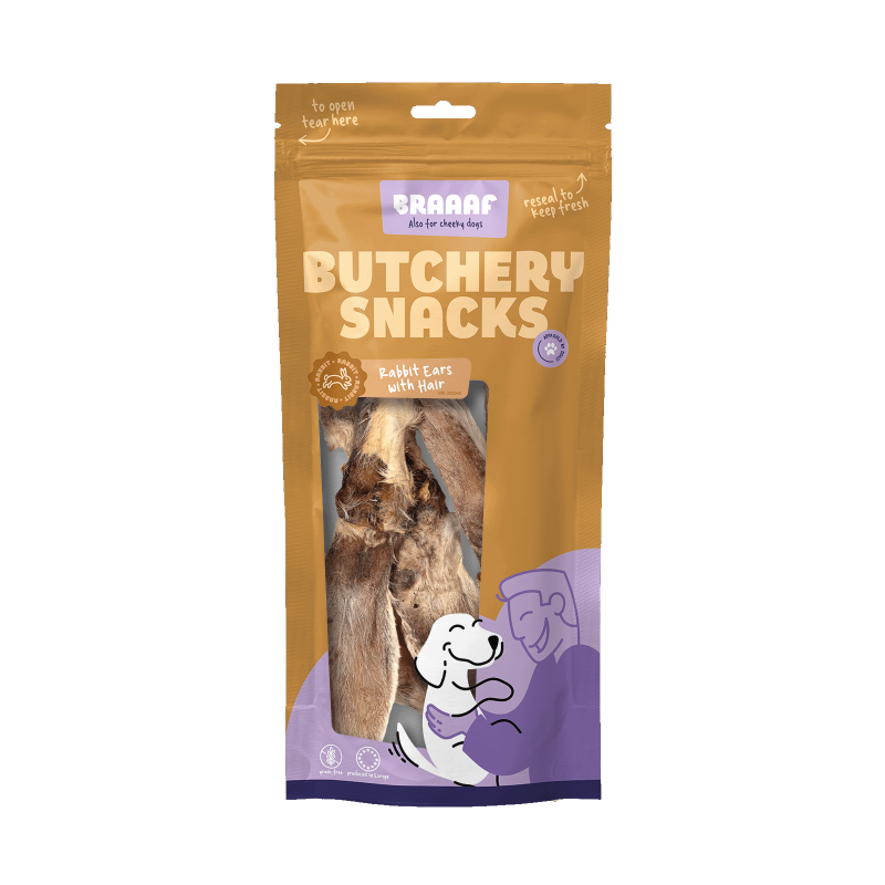 Braaaf Slagtersnacks Kaninører Med Hår 80 g Braaaf Slagtersnacks Kaninører Med Hår 80 g