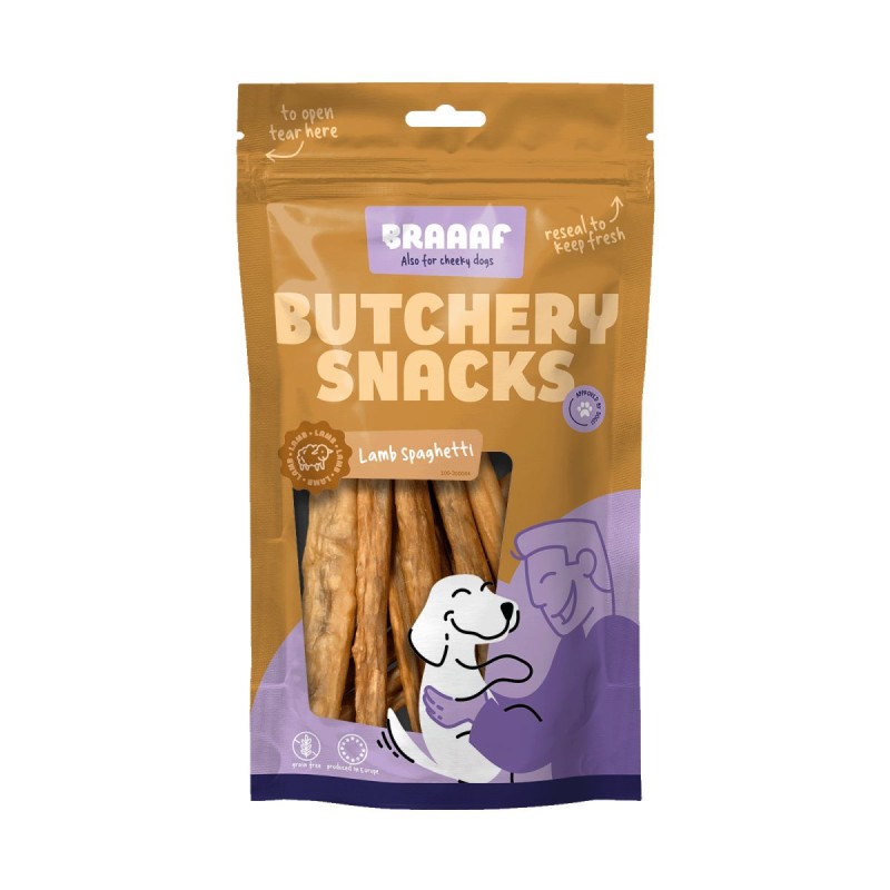 Slagtersnacks Lammespaghetti 85 g  Kornfri hundegodbidder Braaf