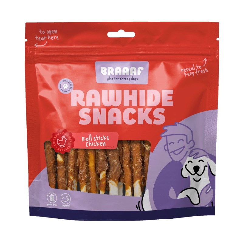 Rawhide Roll Sticks Kylling - 30 stk Kornfri hundegodbidder Braaf Rawhide Roll Sticks Kylling - 30 stk Kornfri hundegodbidder Braaf