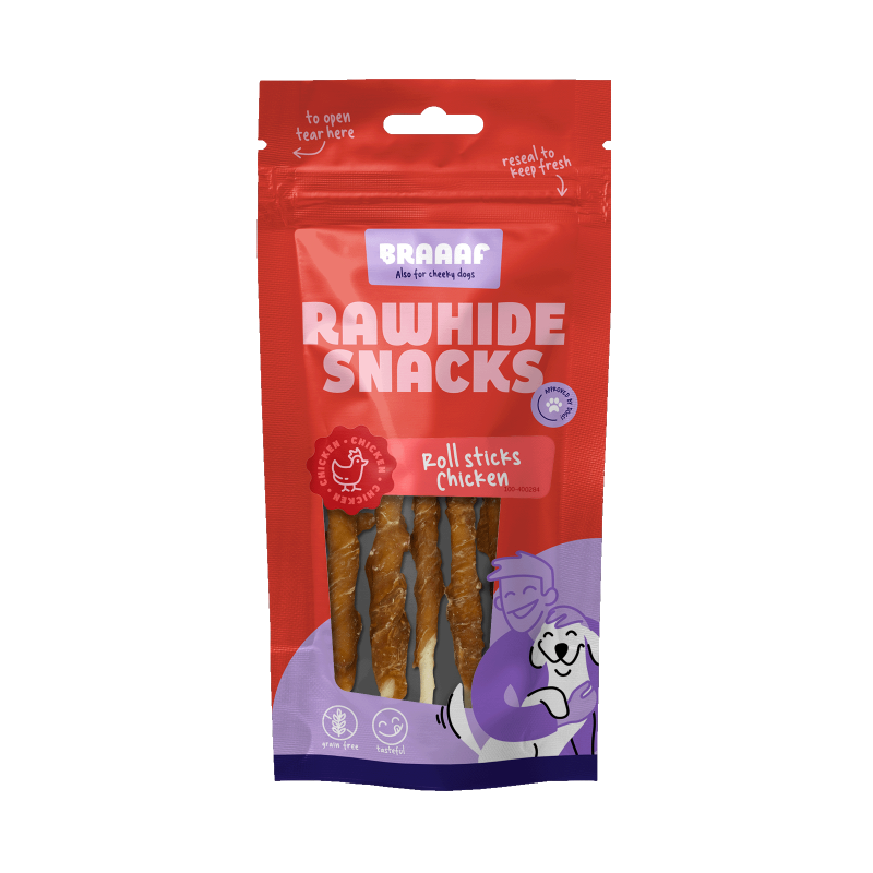 Braaaf Rawhide Roll Sticks Kylling - 8 stk Braaaf Rawhide Roll Sticks Kylling - 8 stk