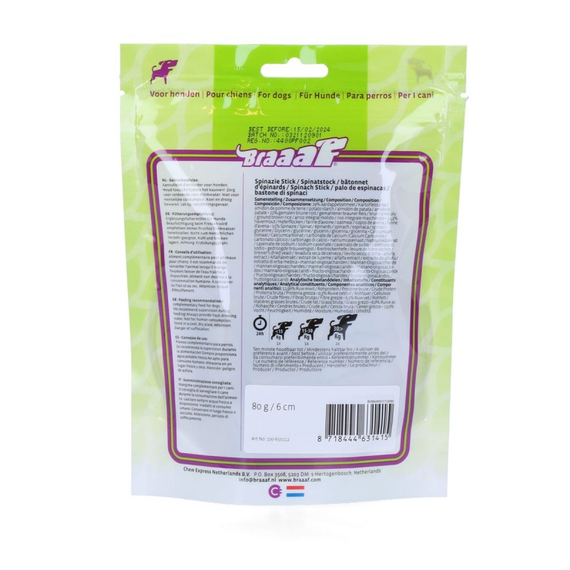 Vegansk snackspinatstang - Glutenfri Braaaf Hundegodbidder Vegansk snackspinatstang - Glutenfri Braaaf Hundegodbidder