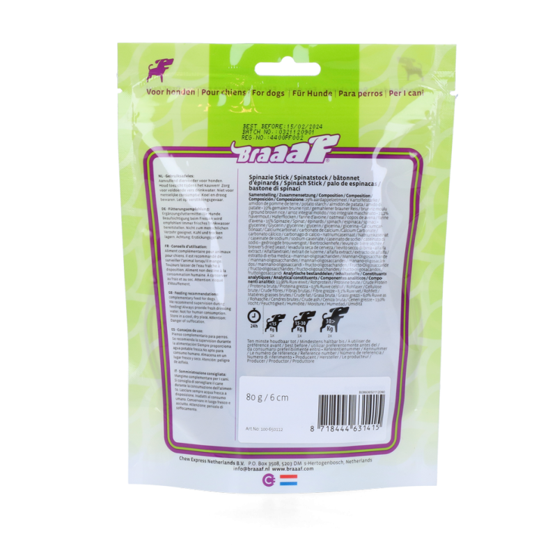Vegansk snackspinatstang - Glutenfri Braaaf Hundegodbidder Vegansk snackspinatstang - Glutenfri Braaaf Hundegodbidder
