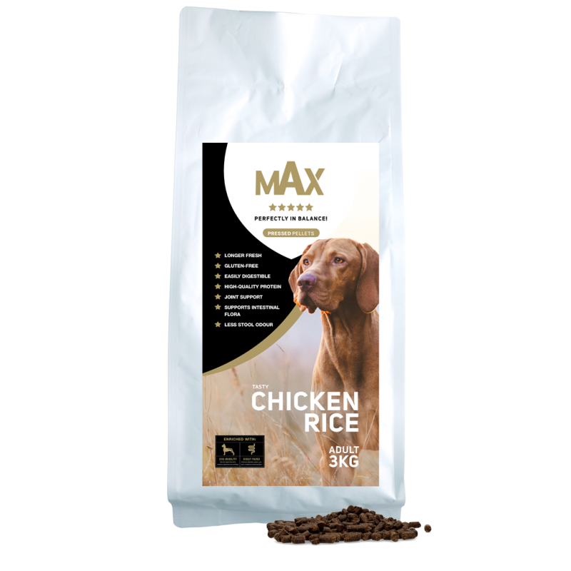 Presset tørfoder til hund med Kylling og ris 3 kg Max - Beriget med Mobility og Parex Glutenfrit Presset tørfoder til hund med Kylling og ris 3 kg Max - Beriget med Mobility og Parex Glutenfrit
