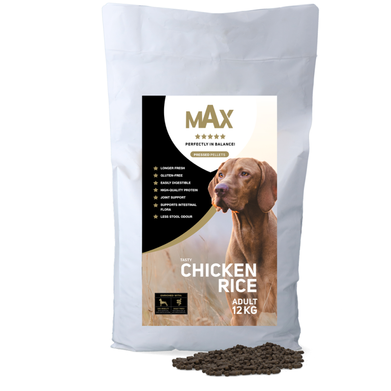 Presset tørfoder til hund med Kylling og ris 12 kg Max - Beriget med Mobility og Parex Glutenfrit
