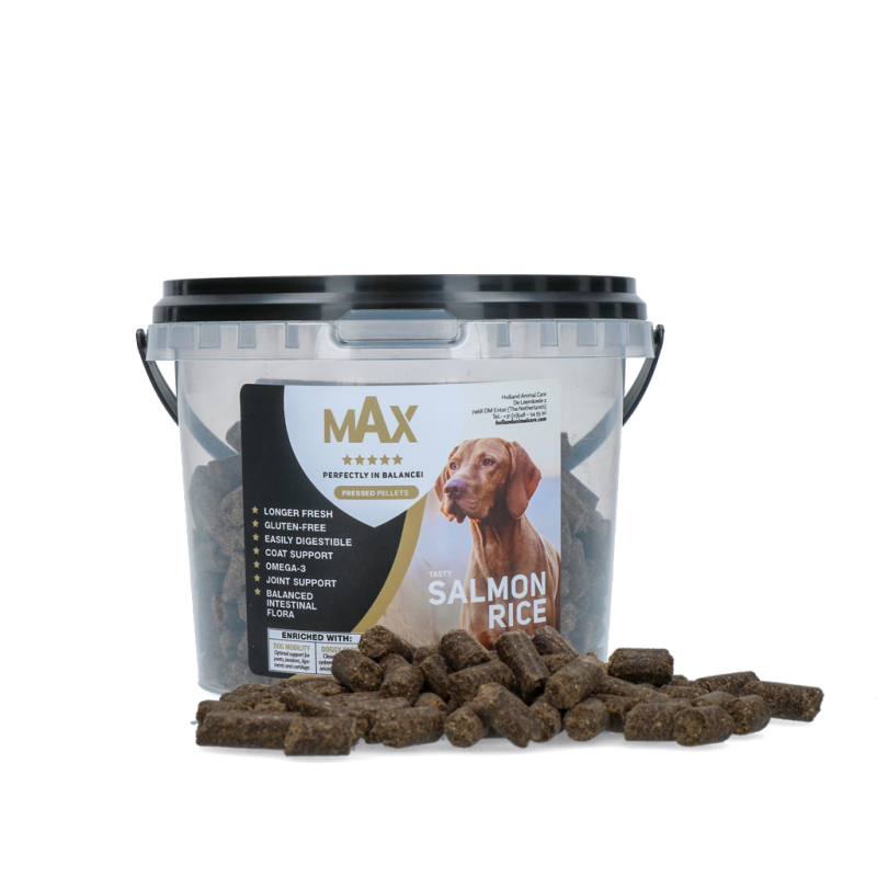 Presset tørfoder til hund med Laks og ris 400 gram Max - Beriget med Mobility og Parex Glutenfrit
